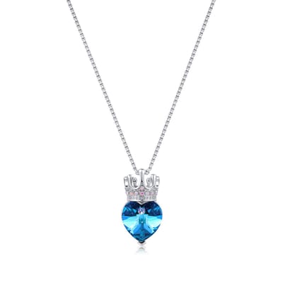 Zilver Ketting 925 Sterling Zilver Blauw Hartje met Kristal met Kroon - Lengte 45cm