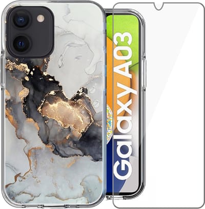 Hoesje geschikt voor Samsung A03 - Back Cover Siliconen Case Marmeren Hoes Wit + Screen Protector Gehard Glas Screenprotector