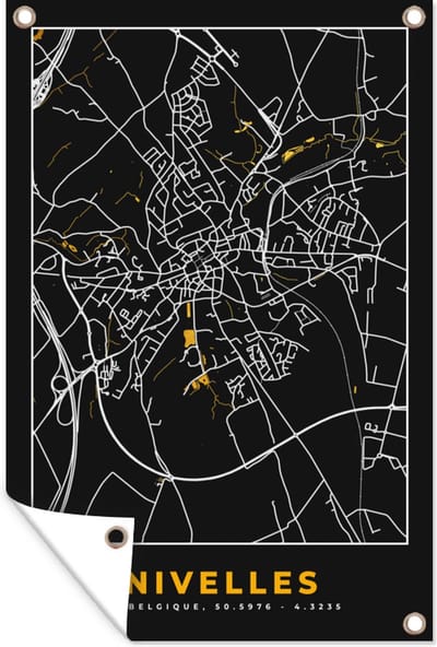 Muurdecoratie Goud - Stadskaart - Plattegrond - Nivelles - Kaart - 120x180 cm - Tuinposter - Tuindoek