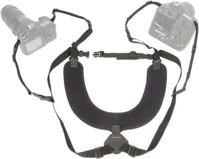 Dubbel Camera Harnas - Dubbele Schouderband - Comfortabel Dragen - Verstelbaar Neopreen Kussen - X-Long - Zwart