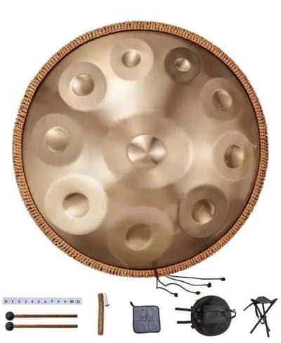 CORE Handpan - Handpan instrument - Handtrommel druminstrument - 9 noten - Inclusief draagtas drumstandaard schoonmaakdoekje hamers en beschermtouw - 55cm - Goudkleurig