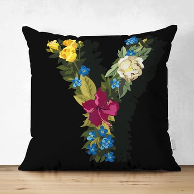 Velvet Kussenhoesjes - kussenhoes - Letter Y van bloemen op zwart - 45x45 cm - Kussenloop - Fluweel - Valentijn Cadeau