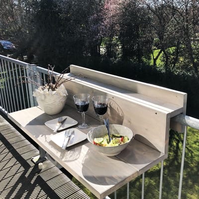 GoudmetHout® Balkontafel Hangend XL - 99 cm Hout - Balkonbar - Hangtafel Buiten - Relingdikte tot <9 cm - Bijzettafel Balkon & Tuin tafeltje - Balcony Table - Grey Wash