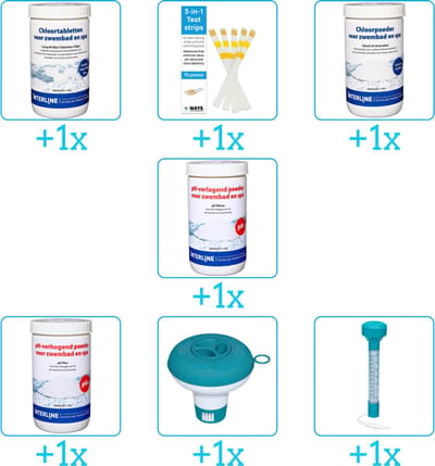 Zwembad Onderhoudspakket - Onderhoud Zwembad - bevat Chloor - Testrips - Chloor - PH-min - PH-plus - Chloordrijver en Thermometer (7-delig)