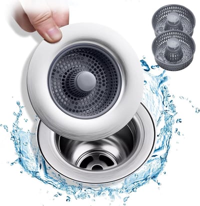 Universele 3-in-1 Keukensinkfilter met Strainer Basket en Pop-Up Afvoerstopper van RVS, Inclusief 2 Mandjes voor Afvoeropeningen in Keukens (76-81mm)