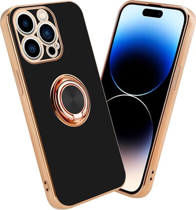 Cadorabo Hoesje geschikt voor Apple iPhone 14 PRO in Glossy Zwart - Goud met ring - Beschermhoes van flexibel TPU-silicone Case Cover met camerabescherming en magnetische autohouder