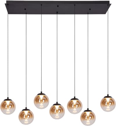 Atmooz Monza 7 Hanglamp – 120x40 cm – Zwart – 7 Pendels – Amber & Smoke Glas – Geïntegreerde LED – Plafondlamp