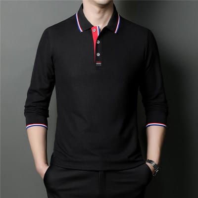 T-shirt met lange mouwen voor heren, katoen, contrasterende kleur, lente en herfst, jeugd, vier seizoenen, basisstijl, poloshirt XXXL black