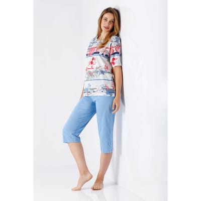 Hajo dames pyjama blauw en bloemen - Blauw - Maat - 40/42