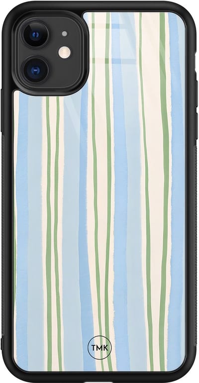 Hoesje geschikt voor Apple iPhone 11 - Pastelblauwe strepen - Blauw - TPU luxe case (glossy toplaag) - Gestreept - Hardcase backcover zwart