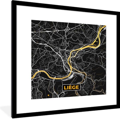 Fotolijst incl. Poster - Kaart - Goud - Liège - Stadskaart - Plattegrond - 40x40 cm - Posterlijst