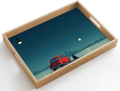 Dienblad hout 50x35 cm - Schootdienblad - Auto - Volle maan - Uitkijkend over water - Borrelplank rechthoek - Plateau dienbladen