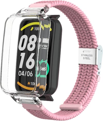 By Qubix - Braided nylon bandje met case - Roze - Geschikt voor Xiaomi Smart Band 7 Pro / Mi Band 7 Pro bandje