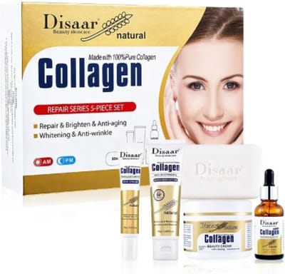 Collageen Huidverzorgingsset – Serum, Oogcrème, Bodycrème, Zonnebrand & Zeep – Voor Stevige, Stralende Huid – Vermindert Rimpels & Fijne Lijntjes – Hydraterend & Verstevigend – Met Hyaluronzuur & Vitamine C – Geschikt voor Alle Huidtypen - Cadeauset