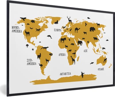 Poster in fotolijst kind - Wereldkaart - Kinderen - Goud - Dieren - Kind - Schilderij voor kinderen - Wanddecoratie kinderkamers - 90x60 cm - Decoratie voor kinderkamers