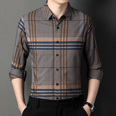 Lente en Herfst Dunne Heren Middenleeftijd Lange Mouw Shirt Ruit Casual Mode Papa Kleding Top 4XL gray