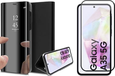 Hoesje geschikt voor Samsung Galaxy A35 - Screenprotector Volledig Dekkend Glas - Spiegel Book Case Zwart