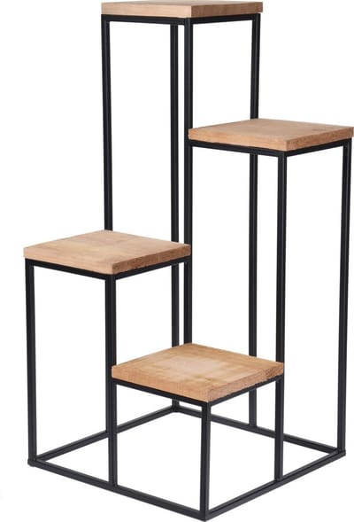 In & Out Deco Plantentafel - Bloemenrek - Plantenstandaard - metaal zwart - met houten bovenblad - hoog 67 cm