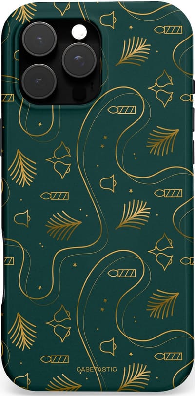 Casetastic hoesje geschikt voor Apple iPhone 16 Pro Max - MagSafe - Dubbellaagse bescherming - Groene kerst bellen en takken - Fashion Case - Donkergroen Donkergrijs Petrol