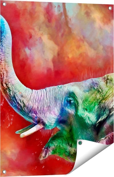 Gards Tuinposter Getekende Vrolijke Olifant - Abstract - 60x80 cm - Tuindoek - Tuindecoratie - Wanddecoratie buiten - Tuinschilderij
