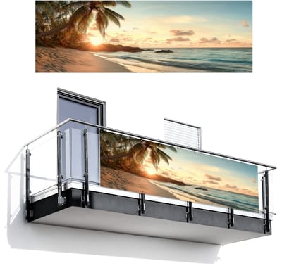Balkonscherm 300x100 cm - Balkonposter Strand - Palmbomen - Oceaan - Zonsondergang - Balkon scherm decoratie - Balkonschermen - Balkondoek zonnescherm