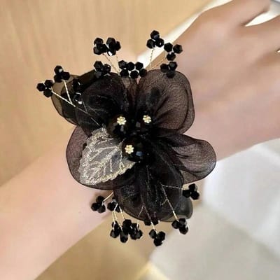 1 stuks Nieuwe Bloemen- en Bladontwerp Haarelastiekje met Strass Steentjes, Modieus Haaraccessoire met Elegante Uitstraling zwart