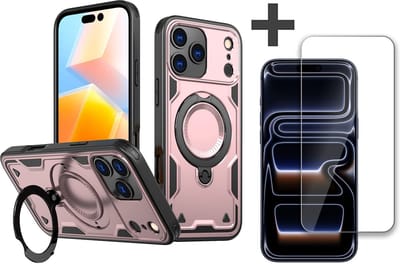 Hoesje Geschikt voor iPhone 17 Pro met gehard glas Screenprotector - Armor hoes met Ringhouder - Arara backcover - Rosegoud