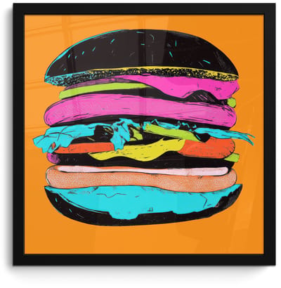 Poster in lijst - Fotolijst 40x40 cm - Posters - Hamburger - Kleurrijk - Speels - Posterlijst zwart - Decoratie - Wanddecoratie woonkamer - Muurdecoratie slaapkamer