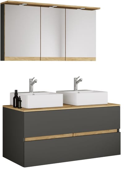 VCM 4-tlg. Doppelwaschtisch Cosila mit 2 Keramikbecken – Badschrank H. 51 x B. 111 x T. 51 cm mit 2 Softclose-Schubladen, Spiegelschrank mit Beleuchtung & Steckdose, Waschplatz Set Cosila-A