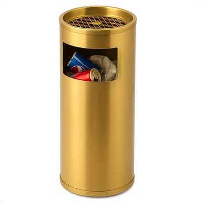 Lomera Staande Afvalbak - Afvalbak Met Asbak - Geïntegreerde Asbak - Rvs Afvalbak - Goudkleurige Prullenbak - Glanzend Goud - Binnenafvalbak 11 Liter - Uitneembare Asbak - Electroplating Materiaal - Stijlvolle Afvalbak