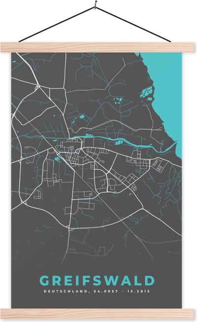 Posterhanger incl. Poster 40x60 cm - Schoolplaat - Stadskaart – Kaart – Greifswald – Blauw – Duitsland – Plattegrond - Textielposter - Blanke latten - Stadskaart