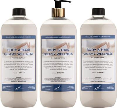 Body & Hair Creamy Wellness 1 liter met gouden pomp - set van 3 stuks - 2 in 1 voor lichaam en haar - voordeelverpakking