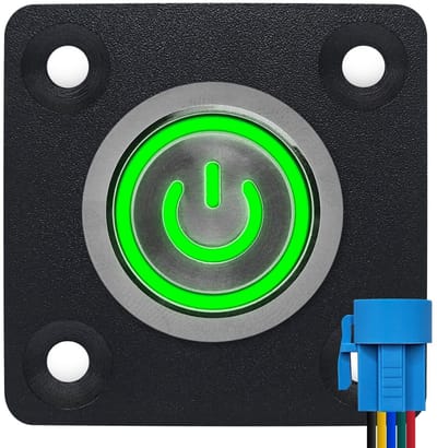 ProRide Metalen Pulsschakelaar Inbouwpaneel 12V OFF-(ON) - 22mm - met Aansluitkabel - Spatwaterdicht - 12V/24V - LED indicatie Groen