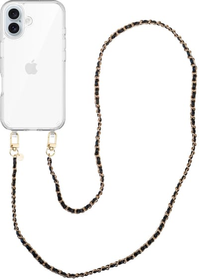 xoxo Wildhearts siliconen hoesje geschikt voor iPhone 16 - Classic Chain - Black (lang koord) - Telefoonhoesje - Hoesje met koord - Schakelketting - Lang telefoonkoord - Zwart met goud - Transparant hoesje