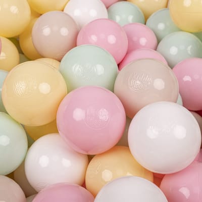 KiddyMoon Ballenbak ballen voor Kinderen Ø7 cm met 300 Stuks - Kinderballen baby - Speelballen voor Ballenbad - BPA-vrij - Ballenbak ballen - Kleurrijke ballen - Baby Speelgoed - Pastelbeige Pastelgeel Wit Munt Roze