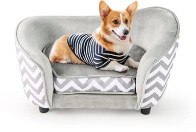 COSTWAY Kattenbed, kleine hondenbank, 70 x 41 x 40 cm, kattenbank met zacht gevoerd kussen en wasbare overtrek, huisdierbank voor kleine honden, katten, kattenbank tot 50 kg, grijs + wit