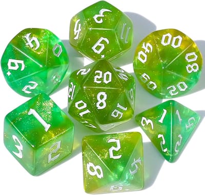 Dobbelstenen Set 7-delig – Groen Geel D20 D12 D10 D8 D6 D4 – Voor RPG & Tafelspellen
