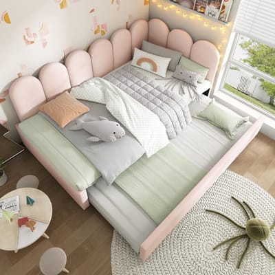 Sweiko Slaapbank - 90x200 cm - met Uitschuifbed - Kinderbed - Velvet - Zonder matras - Roze