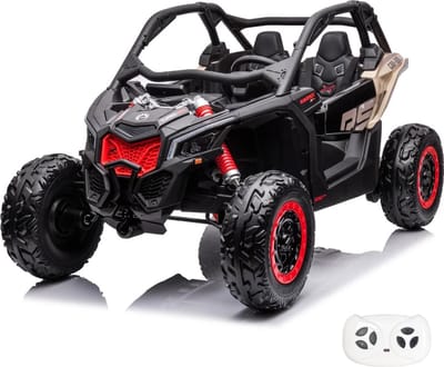 Can-Am Maverick X3 Full Option Elektrische Kinderauto 2 tot 7 jaar – Officieel Gelicentieerde 24V Buggy (2-zits) met 4x4 Aandrijving & Schokdempers – 2-Persoons met Bluetooth, 3-puntsgordels & EVA Banden – Zwart