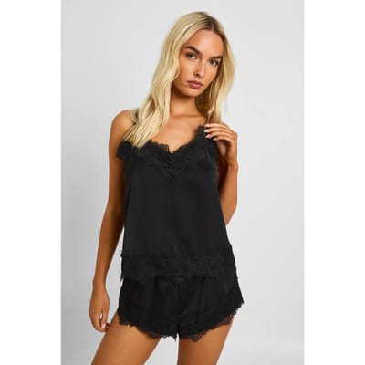 boohoo Dames Wimperkant Cami & Shorts Pyjamaset | Zwart | Maat: 36