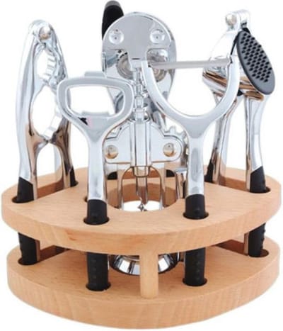 Cadeautip - KINGHOFF LUXE keukengereiset 7 delig - dunschiller, notenkraker, wijnopener, flesopener, blikopener, knoflookpers, houten standaard - vaatwasserbestendig.