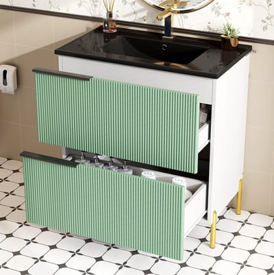 MIVRAY Badkamerwastafelmeubel - Vrijstaand Met Keramische Wastafel En 2 Laden - Voor Badkameropberging - MDF - Groen - 81,5x47x90 Cm