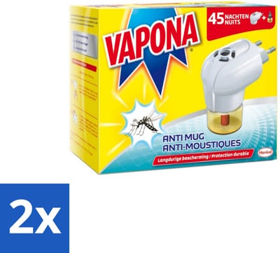 2 x Vapona – Anti-Muggenstekker – 45 nachten - Muggenbestrijding - Muggenstekker - Tijgermuggenbestrijding - Muggenbestrijding Binnenhuis - Muggenbestrijding In Slaapkamer