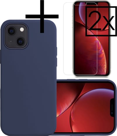 Hoesje - Met 2x Screenprotector - Geschikt voor Apple iPhone 13 Mini - Sterk & Shockproof - Back Cover - Siliconen Case - Telefoon Hoes - Donkerblauw