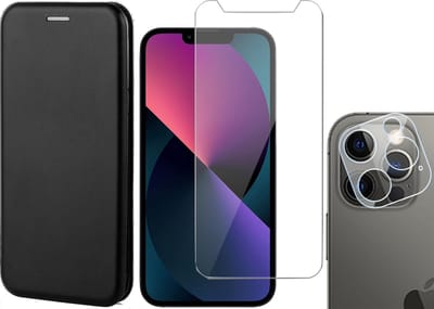 Hoesje geschikt voor iPhone 13 Pro - Portemonnee Book Case - Zwart - Met Screenprotector en Camera Screen Protector