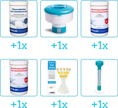 Zwembad Onderhoudspakket - Onderhoud Zwembad - bevat Chloor - Chloordrijver - PH-min - PH-plus - Testrips en Thermometer (6-delig)