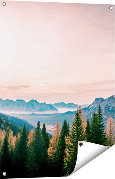 Gards Tuinposter Bos met Bomen bij Bergen Landschap - 60x80 cm - Tuindoek - Tuindecoratie - Wanddecoratie buiten - Tuinschilderij