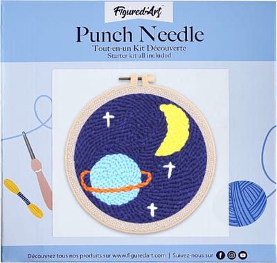 Figured'Art Punch Needle Kit voor Volwassenen en Kinderen - Saturnus hemel - Perfect voor Beginners. Compleet klaar-om-te-borduren set, maat 20x20 cm met ronde frame