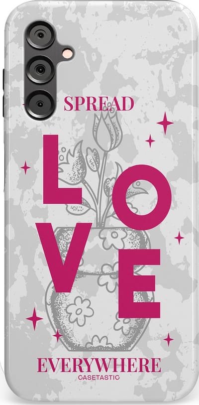 Casetastic hoesje geschikt voor Samsung Galaxy A14 (2023) 5G / Samsung Galaxy A14 (2023) 4G - Dubbellaagse bescherming - Spread Love Everywhere - Grijs Roze - Valentijn - Valentine - Fashion Case - Lichtgrijs Wit Roze