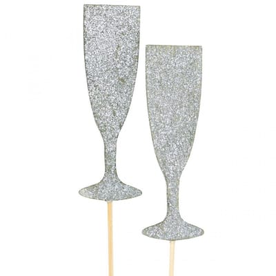 Oudjaarsdecoratie champagneglas zilveren bloempluggen 9cm 18 st, 18 St